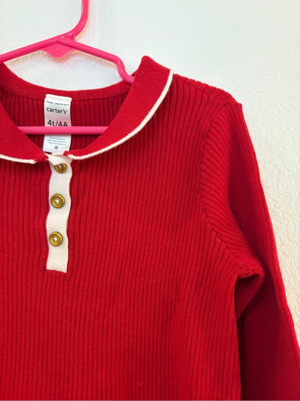 Carter's Red Knit Girls' Long-Sleeve Pajama Dress with Cream Trim